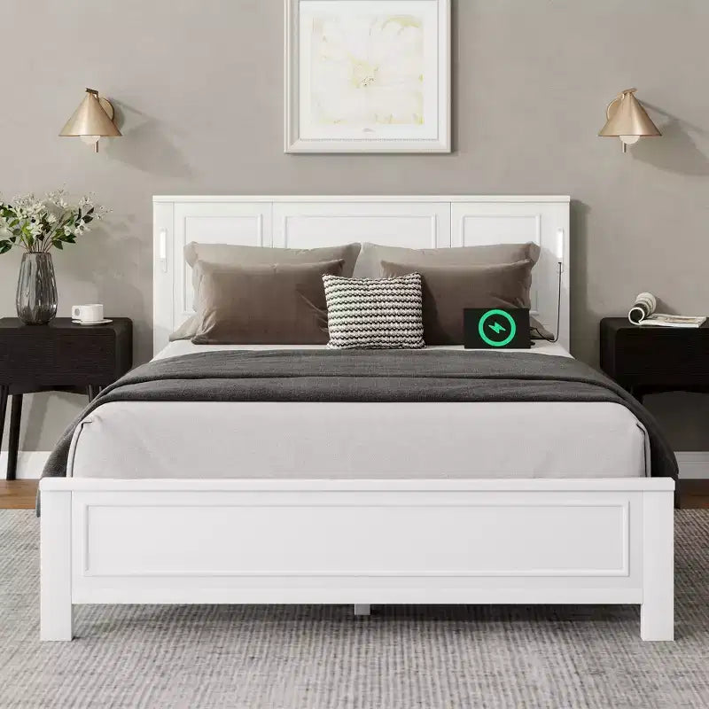 Lit plateforme ModernLuxe Queen/King Size avec tête de lit haute, cadre de lit en bois style ferme avec lumières LED et ports USB