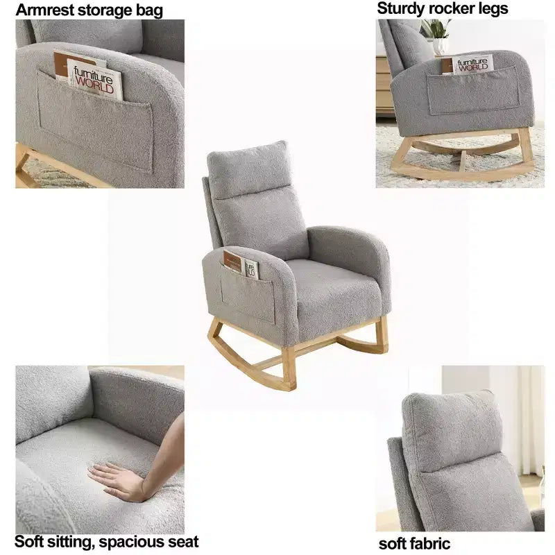 Fauteuil à bascule Accent de 27,6 W, fauteuil avec dossier haut et 2 poches latérales, fauteuil à bascule pour chambre d'enfant - ModernLuxe