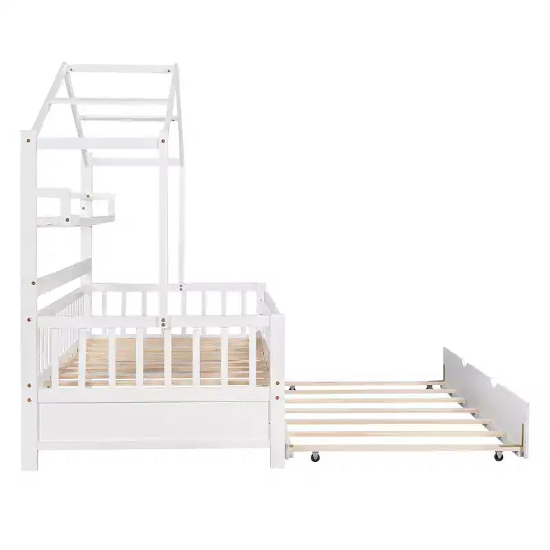 Lit cabane en bois Luxystar avec lit gigogne et étagères, Blanc