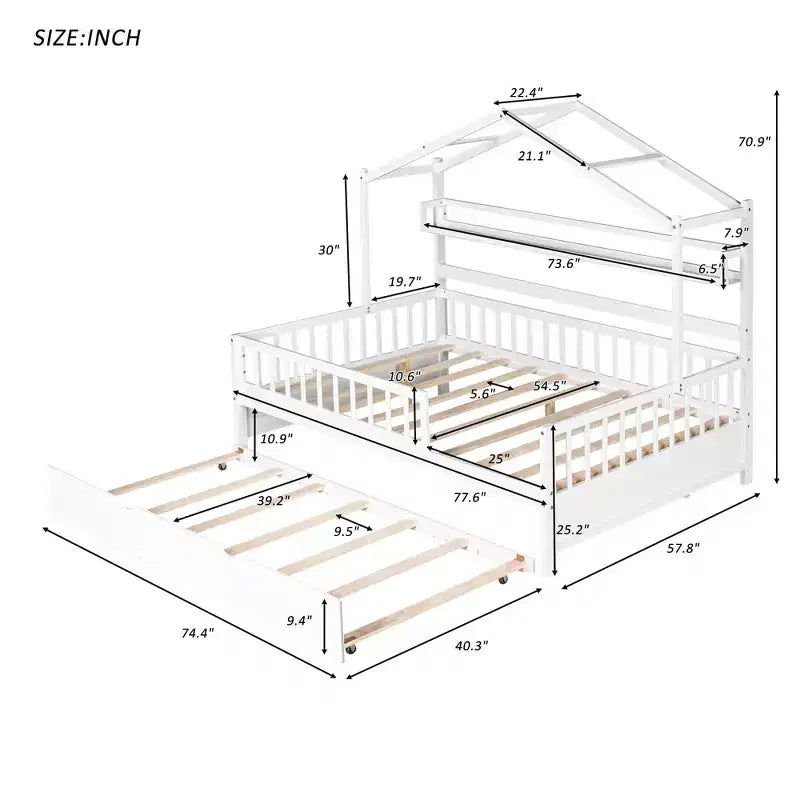 Lit cabane en bois Luxystar avec lit gigogne et étagères, Blanc