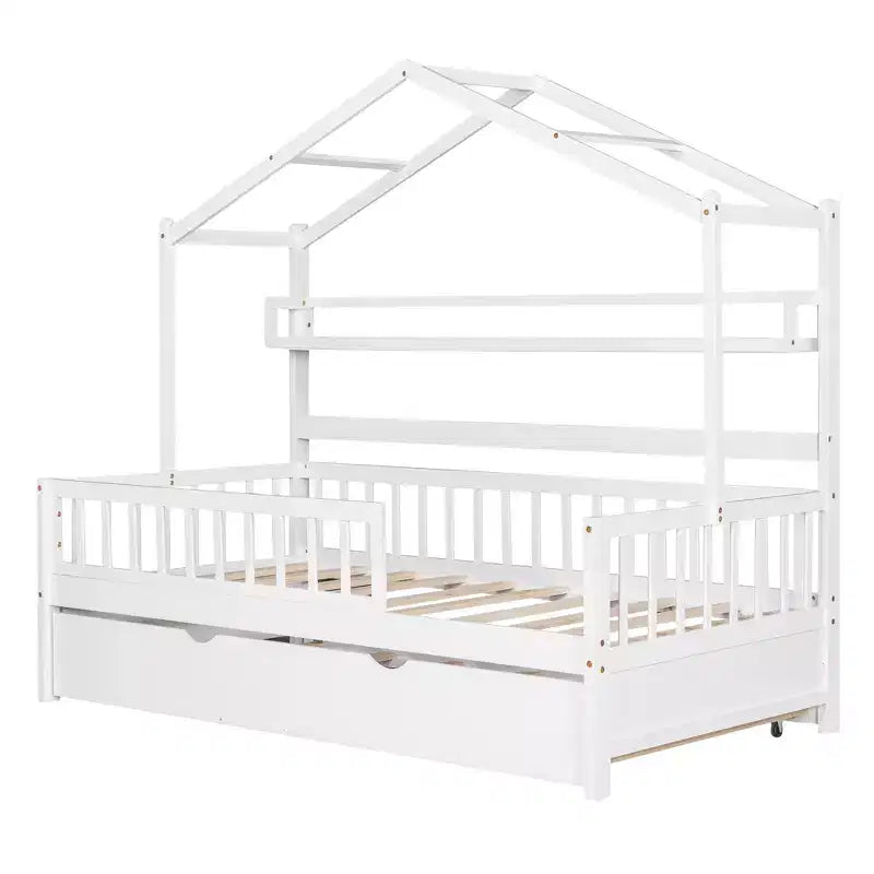 Lit cabane en bois Luxystar avec lit gigogne et étagères, Blanc