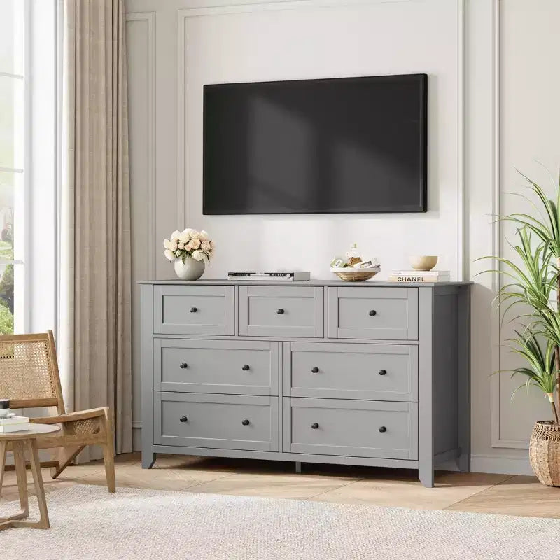 Commode moderne en bois à 7 tiroirs, grande commode de 137 cm de large avec tiroirs profonds et poignées métalliques pour chambre, entrée et couloir