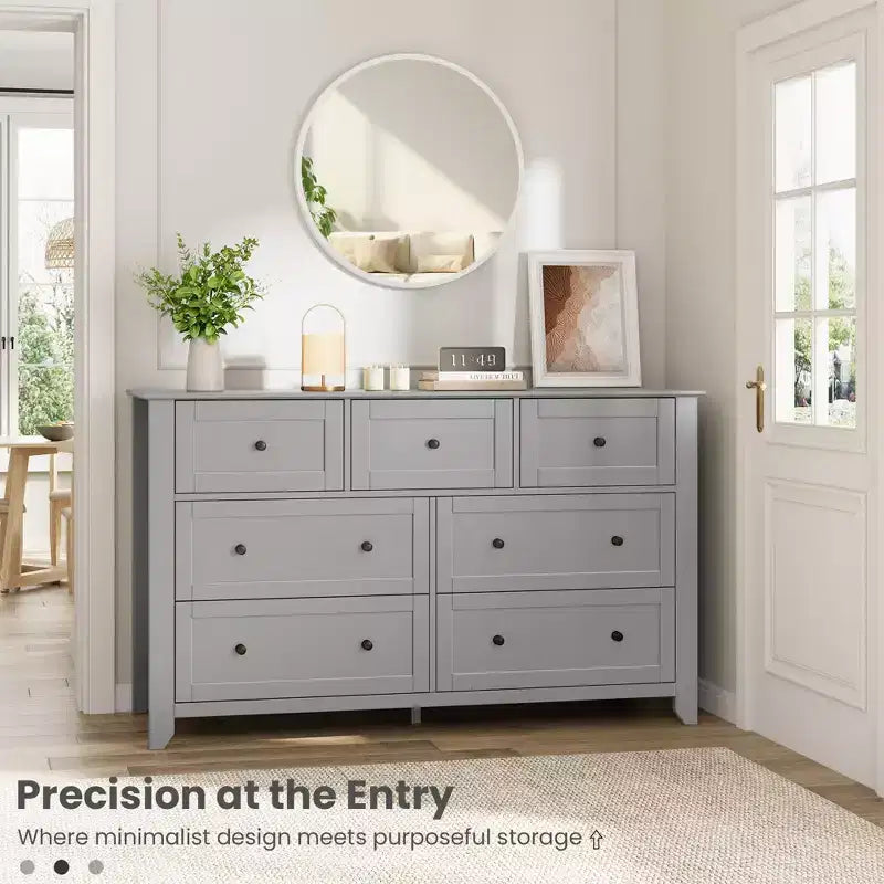 Commode moderne en bois à 7 tiroirs, grande commode de 137 cm de large avec tiroirs profonds et poignées métalliques pour chambre, entrée et couloir