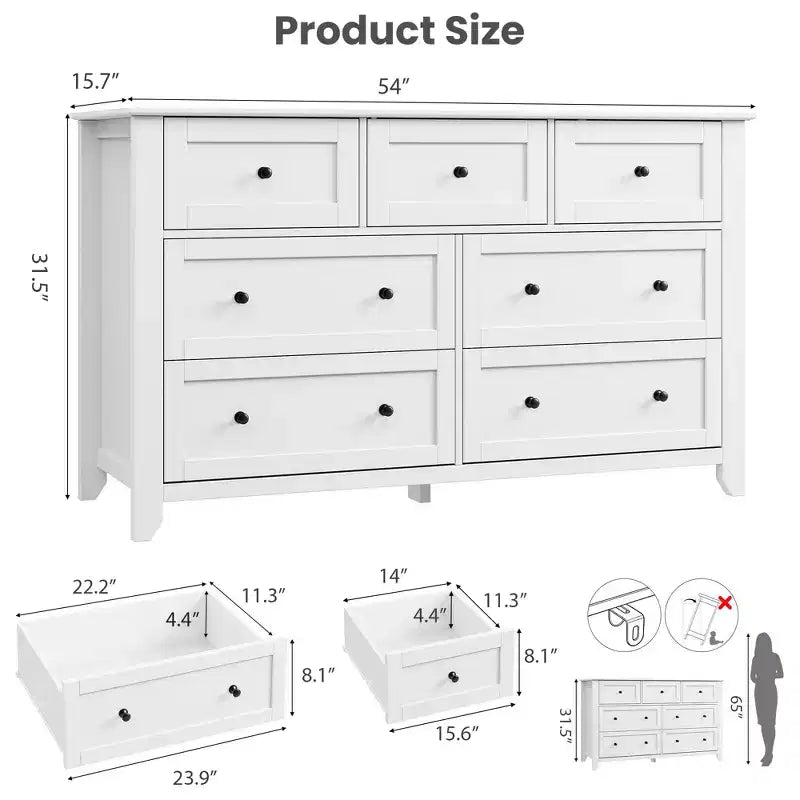 Commode moderne en bois à 7 tiroirs, grande commode de 137 cm de large avec tiroirs profonds et poignées métalliques pour chambre, entrée et couloir