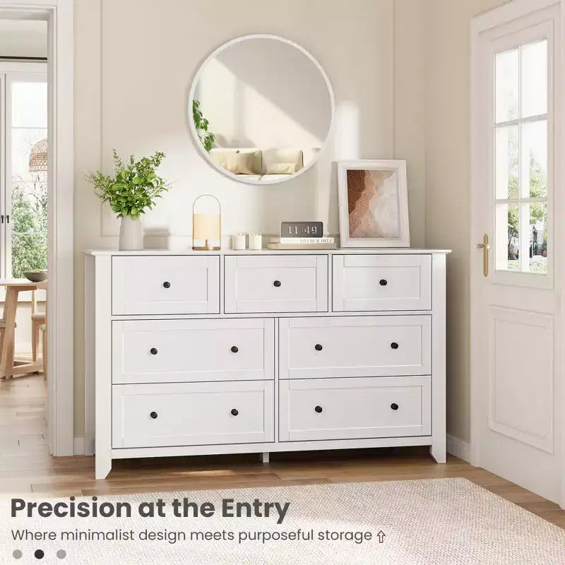 Commode moderne en bois à 7 tiroirs, grande commode de 137 cm de large avec tiroirs profonds et poignées métalliques pour chambre, entrée et couloir