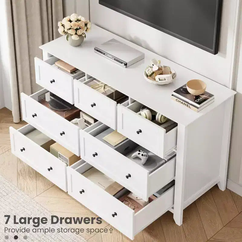 Commode moderne en bois à 7 tiroirs, grande commode de 137 cm de large avec tiroirs profonds et poignées métalliques pour chambre, entrée et couloir