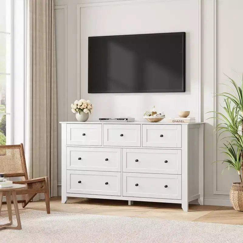 Commode moderne en bois à 7 tiroirs, grande commode de 137 cm de large avec tiroirs profonds et poignées métalliques pour chambre, entrée et couloir