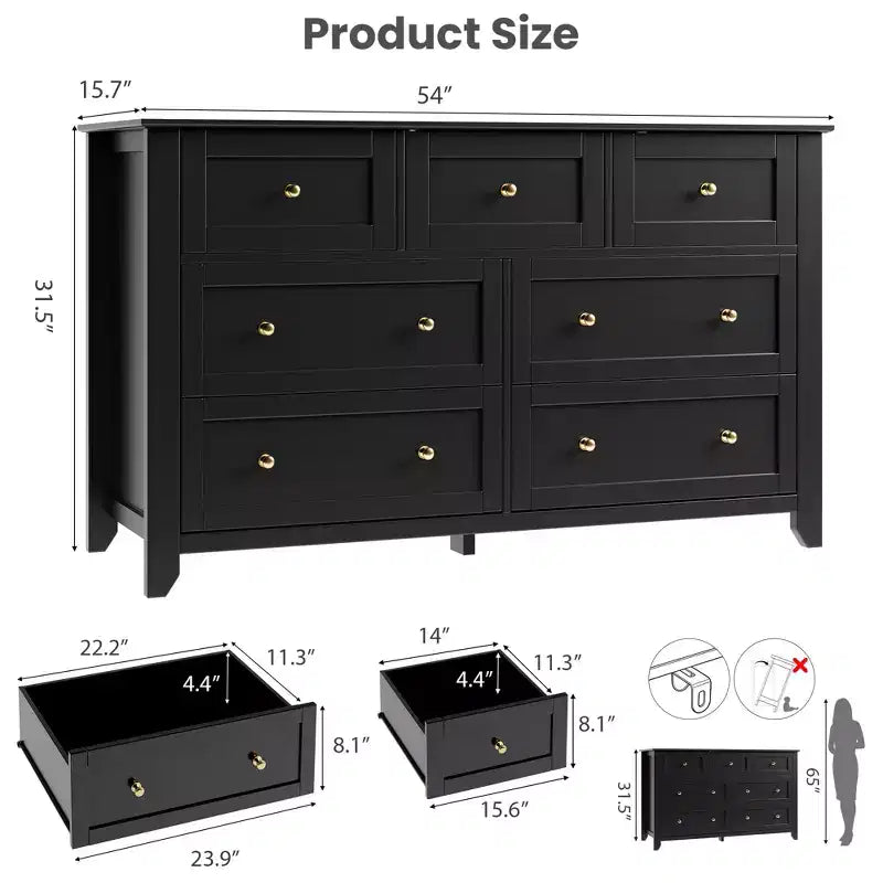 Commode moderne en bois à 7 tiroirs, grande commode de 137 cm de large avec tiroirs profonds et poignées métalliques pour chambre, entrée et couloir