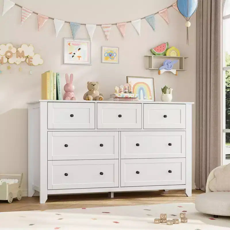 Commode moderne en bois à 7 tiroirs, grande commode de 137 cm de large avec tiroirs profonds et poignées métalliques pour chambre, entrée et couloir