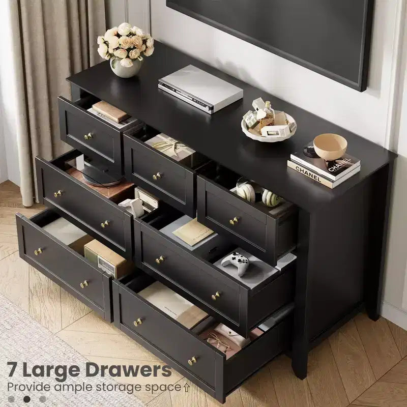 Commode moderne en bois à 7 tiroirs, grande commode de 137 cm de large avec tiroirs profonds et poignées métalliques pour chambre, entrée et couloir