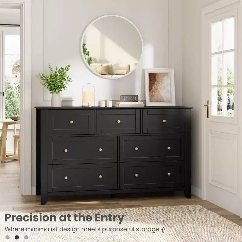Commode moderne en bois à 7 tiroirs, grande commode de 137 cm de large avec tiroirs profonds et poignées métalliques pour chambre, entrée et couloir