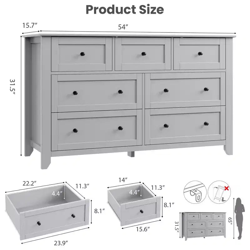 Commode moderne en bois à 7 tiroirs, grande commode de 137 cm de large avec tiroirs profonds et poignées métalliques pour chambre, entrée et couloir