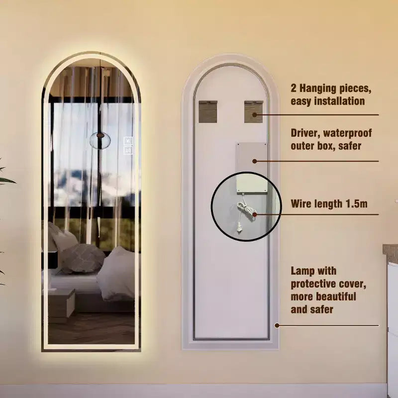 Miroir de courtoisie moderne LED pleine longueur, arqué, avec lumières dimmables, autoportant ou mural pour chambre, maquillage, dressing-Panipeachy