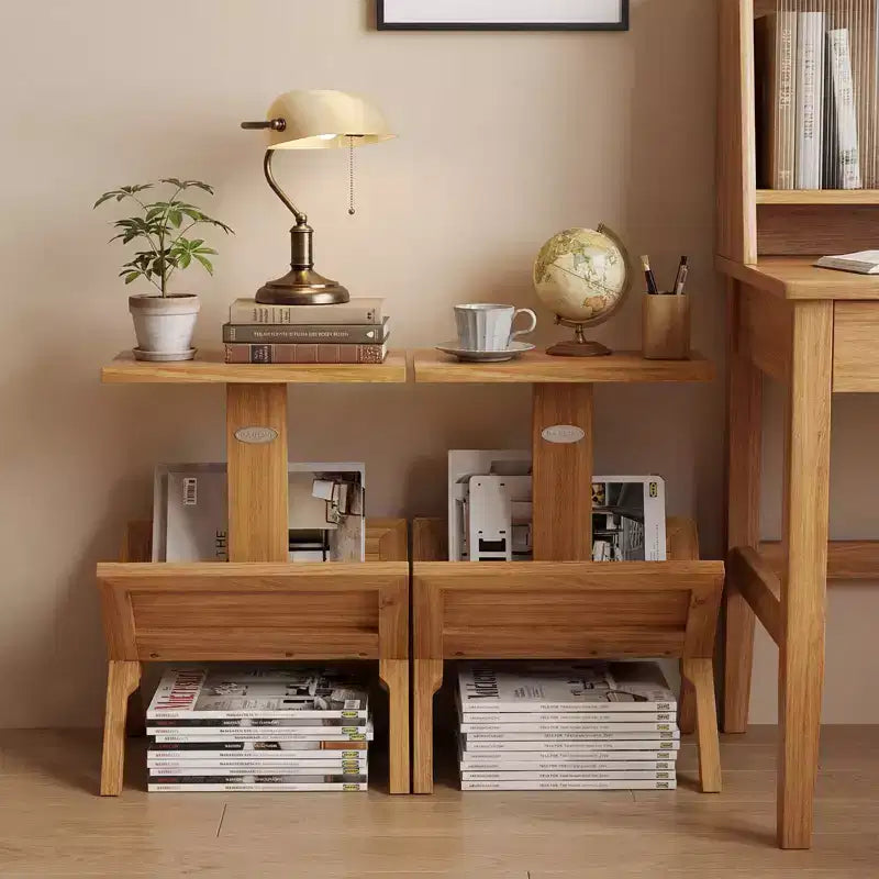 Costway Bibliothèque à 2 Niveaux Petite Étagère avec Cadre en Bois de Teck et Tapis Antidérapants