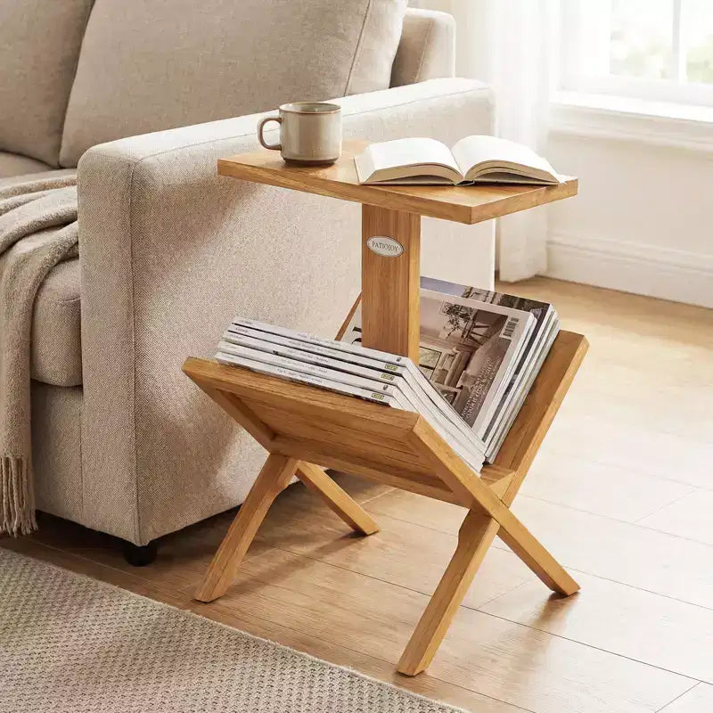 Costway Bibliothèque à 2 Niveaux Petite Étagère avec Cadre en Bois de Teck et Tapis Antidérapants