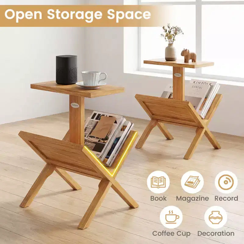 Costway Bibliothèque à 2 Niveaux Petite Étagère avec Cadre en Bois de Teck et Tapis Antidérapants