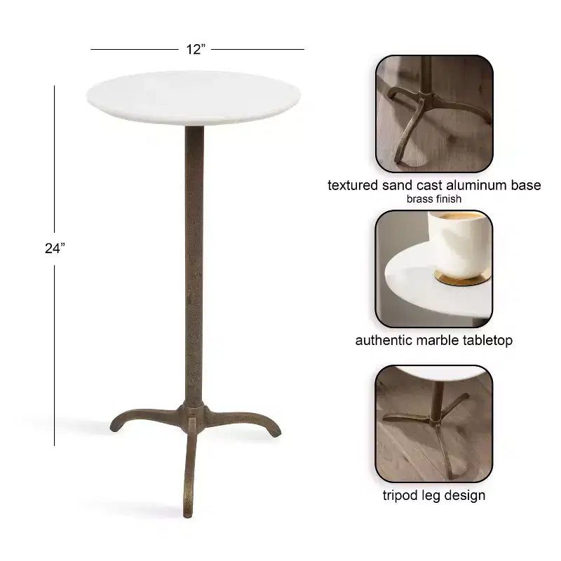 Table d'appoint ronde en marbre et métal Henshall de Kate et Laurel, blanc et bronze, 12x12x24