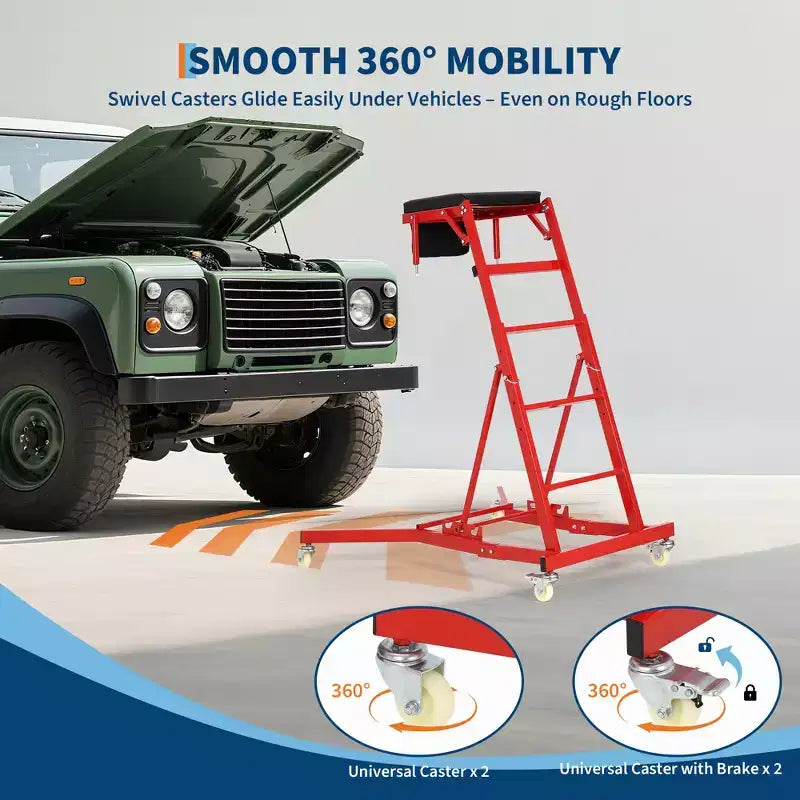 Siège à roulettes robuste pour camions et VUS – Hauteur réglable, capacité de 180 kg, plateforme rembourrée, roulettes pivotantes avec verrouillage, pochette à outils – Plusieurs couleurs
