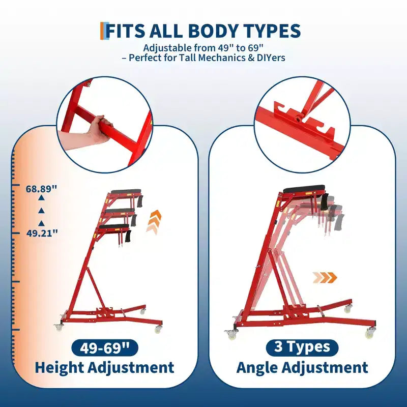 Siège à roulettes robuste pour camions et VUS – Hauteur réglable, capacité de 180 kg, plateforme rembourrée, roulettes pivotantes avec verrouillage, pochette à outils – Plusieurs couleurs