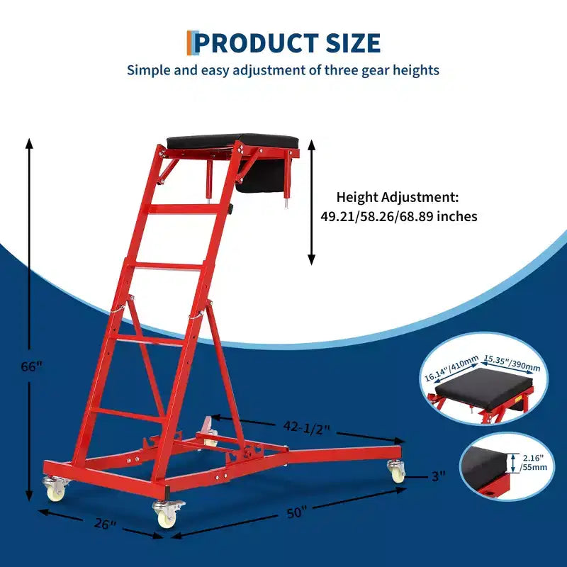 Siège à roulettes robuste pour camions et VUS – Hauteur réglable, capacité de 180 kg, plateforme rembourrée, roulettes pivotantes avec verrouillage, pochette à outils – Plusieurs couleurs