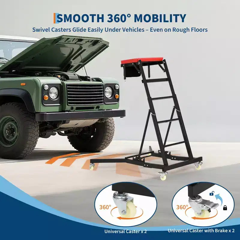 Siège à roulettes robuste pour camions et VUS – Hauteur réglable, capacité de 180 kg, plateforme rembourrée, roulettes pivotantes avec verrouillage, pochette à outils – Plusieurs couleurs