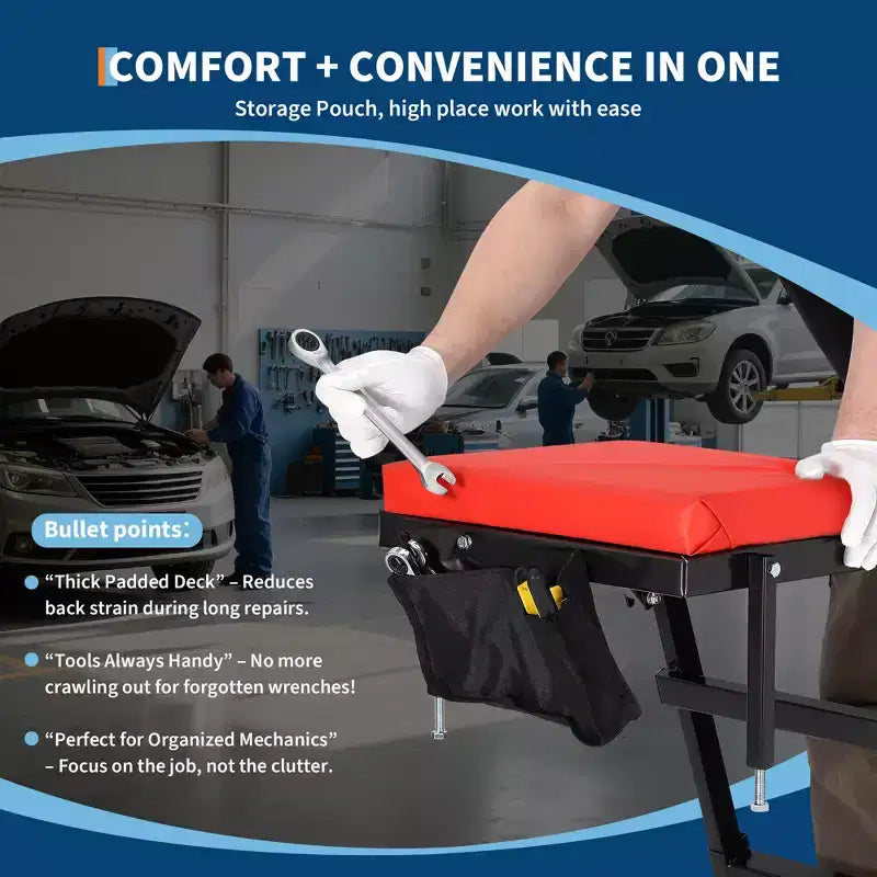 Siège à roulettes robuste pour camions et VUS – Hauteur réglable, capacité de 180 kg, plateforme rembourrée, roulettes pivotantes avec verrouillage, pochette à outils – Plusieurs couleurs