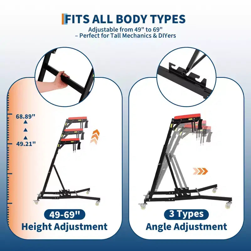 Siège à roulettes robuste pour camions et VUS – Hauteur réglable, capacité de 180 kg, plateforme rembourrée, roulettes pivotantes avec verrouillage, pochette à outils – Plusieurs couleurs