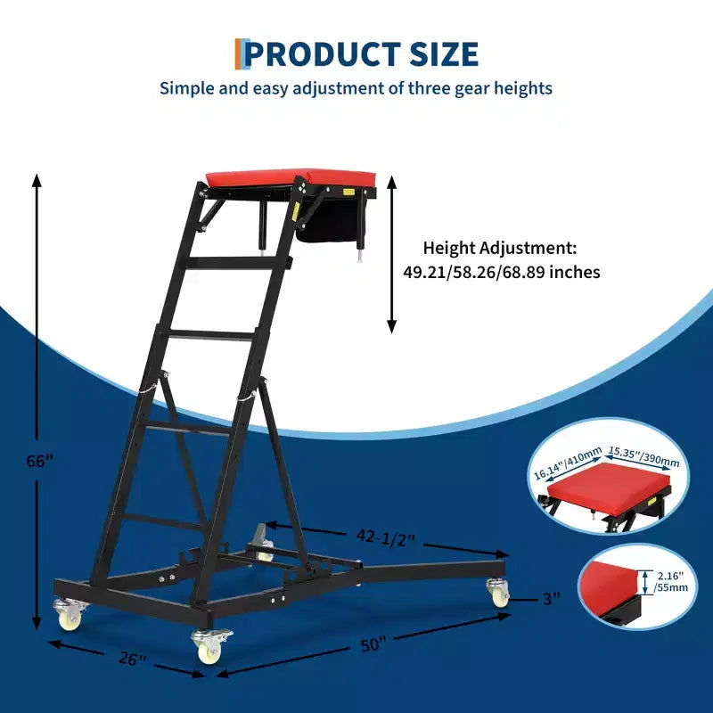 Siège à roulettes robuste pour camions et VUS – Hauteur réglable, capacité de 180 kg, plateforme rembourrée, roulettes pivotantes avec verrouillage, pochette à outils – Plusieurs couleurs
