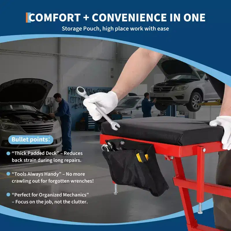 Siège à roulettes robuste pour camions et VUS – Hauteur réglable, capacité de 180 kg, plateforme rembourrée, roulettes pivotantes avec verrouillage, pochette à outils – Plusieurs couleurs