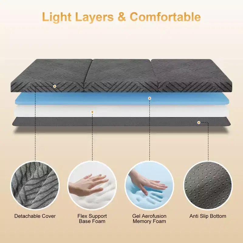 Dyonery Matelas en mousse à mémoire de forme pliable en trois de 15,2 cm avec housse lavable/sac de rangement/poignée, matelas pliable gris pour lit d'appoint/dortoir/camping