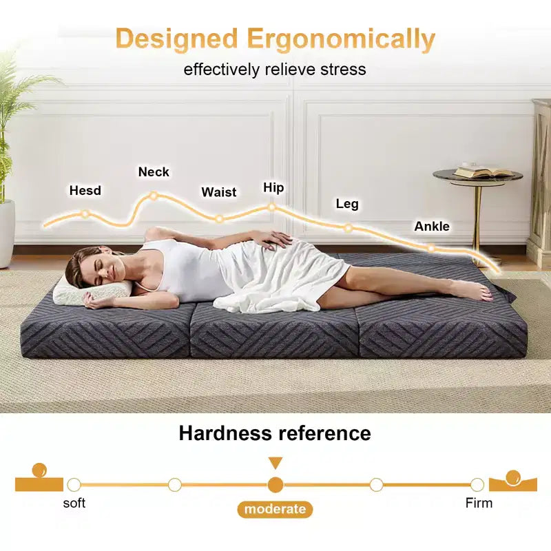 Dyonery Matelas en mousse à mémoire de forme pliable en trois de 15,2 cm avec housse lavable/sac de rangement/poignée, matelas pliable gris pour lit d'appoint/dortoir/camping