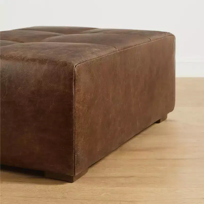 Art Leon Pouf en Cuir Véritable, Repose-Pieds Rembourré Vintage, Repose-Pieds Ottoman Rectangulaire pour Salon, Chambre à Coucher, Entrée