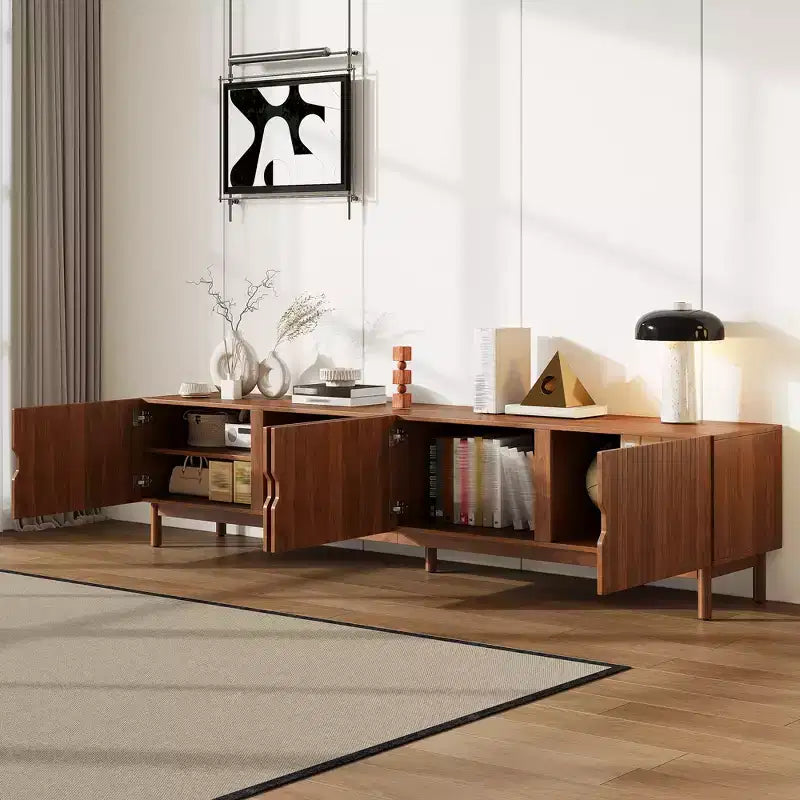 Meuble TV JVNOXK de 87 pouces pour téléviseurs jusqu'à 90 pouces, console multimédia avec 4 armoires, pieds en bois massif et panneau à rainures verticales, centre de divertissement moderne