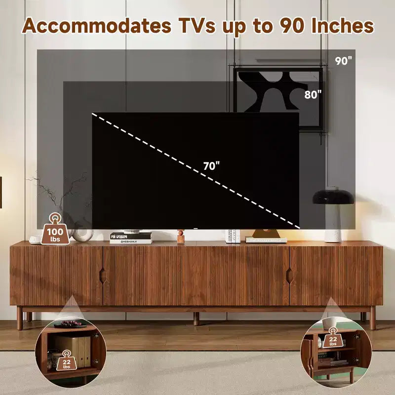 Meuble TV JVNOXK de 87 pouces pour téléviseurs jusqu'à 90 pouces, console multimédia avec 4 armoires, pieds en bois massif et panneau à rainures verticales, centre de divertissement moderne