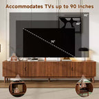 Meuble TV JVNOXK de 87 pouces pour téléviseurs jusqu'à 90 pouces, console multimédia avec 4 armoires, pieds en bois massif et panneau à rainures verticales, centre de divertissement moderne