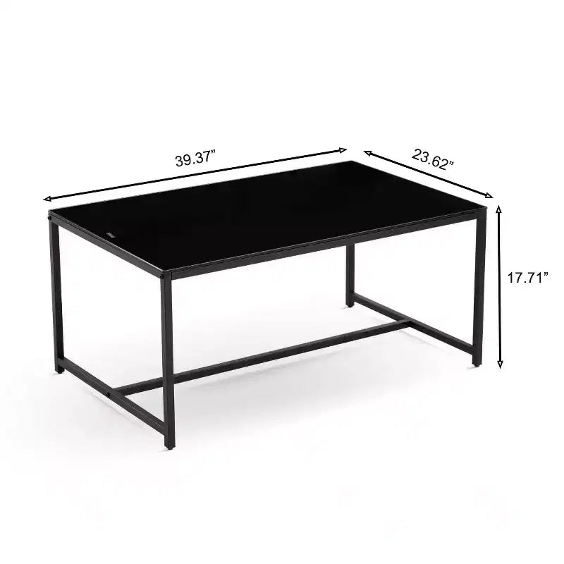 Table basse en verre trempé noir avec pieds en métal, table centrale moderne pour salon