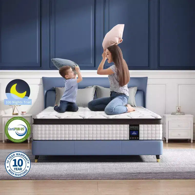 Matelas hybride Kescas Premium 14 pouces fermeté moyenne - Compatible avec sommier plateforme, sommier tapissier ou sommier à lattes