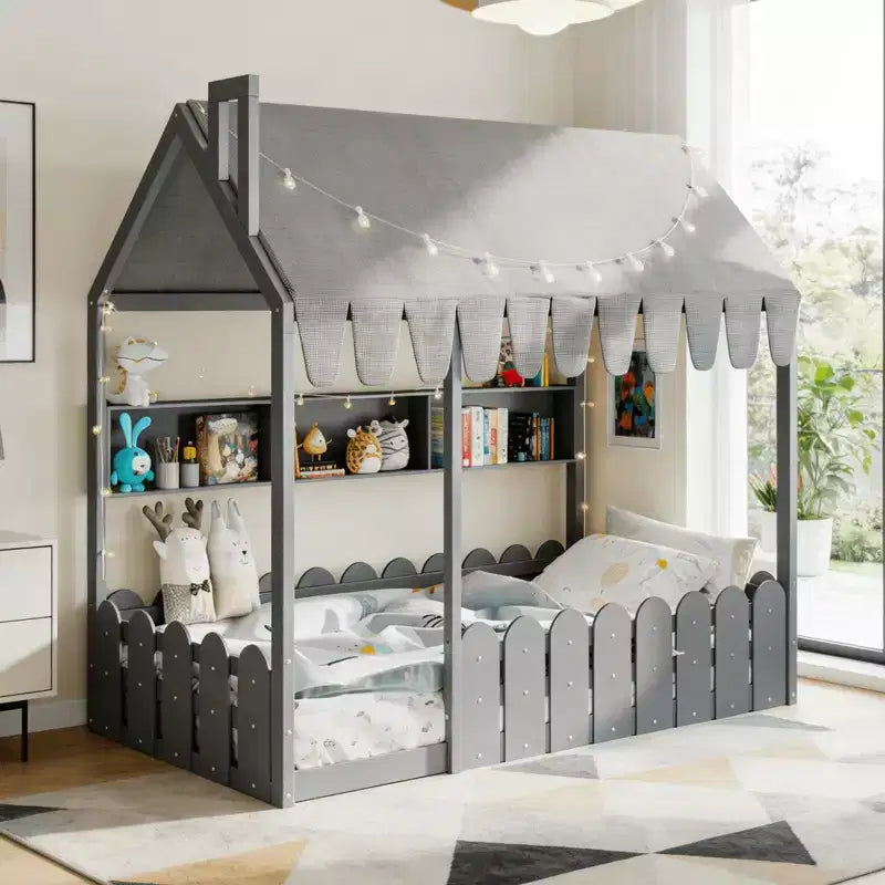 Lit au sol en forme de maison double Luxystar avec baldaquin éclairé, étagères de rangement et clôture