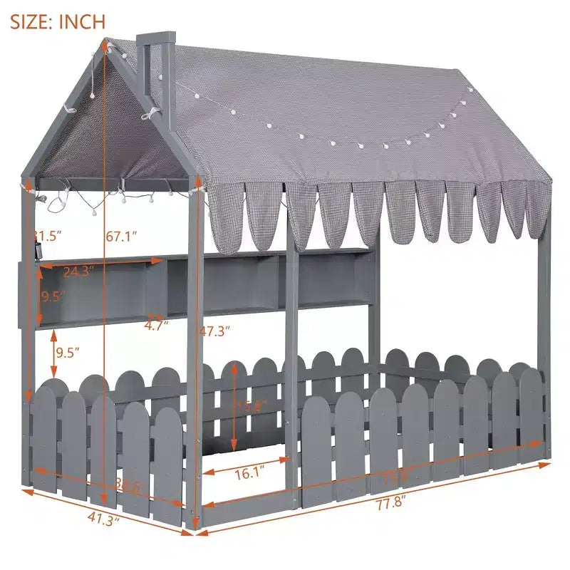 Lit au sol en forme de maison double Luxystar avec baldaquin éclairé, étagères de rangement et clôture