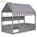 Lit au sol en forme de maison double Luxystar avec baldaquin éclairé, étagères de rangement et clôture