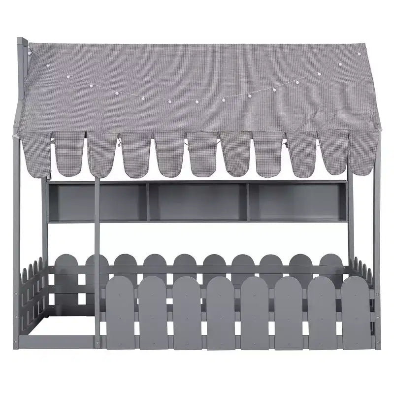 Lit au sol en forme de maison double Luxystar avec baldaquin éclairé, étagères de rangement et clôture