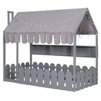 Lit au sol en forme de maison double Luxystar avec baldaquin éclairé, étagères de rangement et clôture