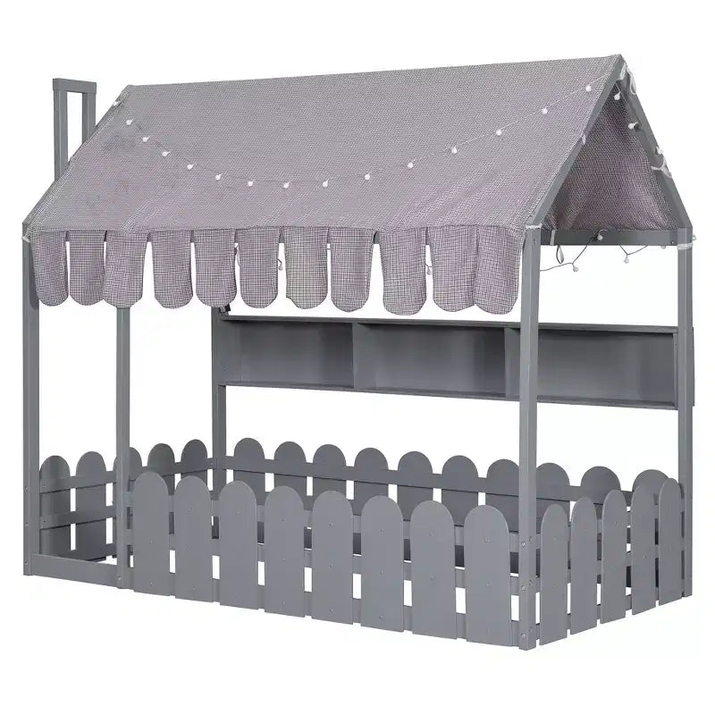 Lit au sol en forme de maison double Luxystar avec baldaquin éclairé, étagères de rangement et clôture