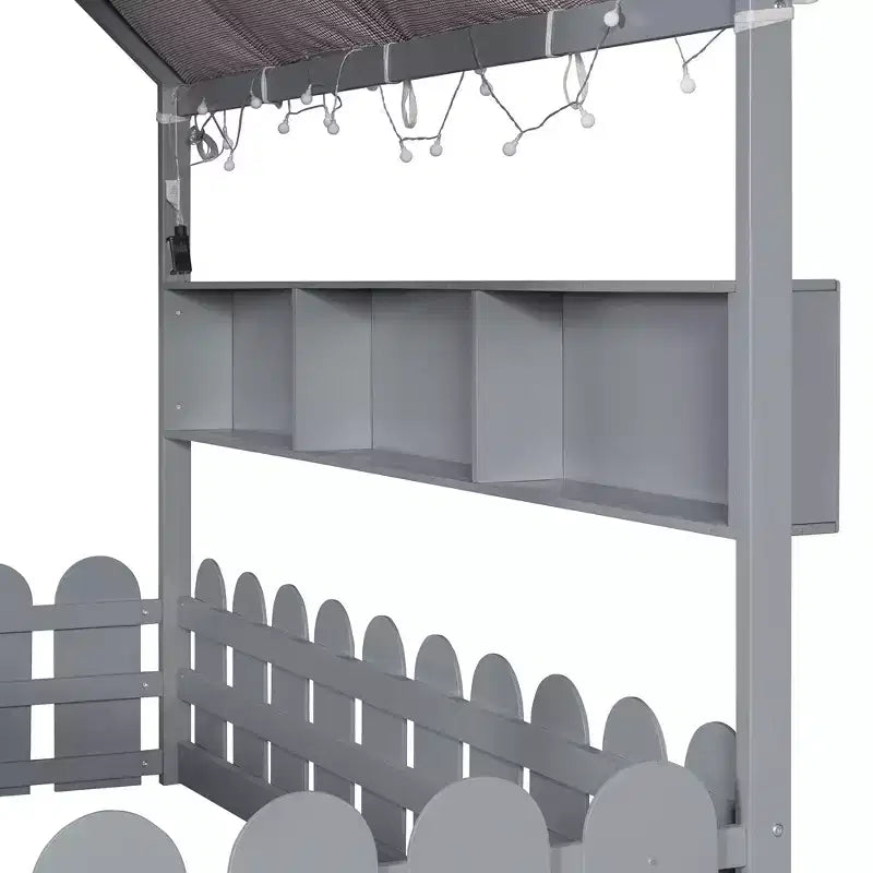 Lit au sol en forme de maison double Luxystar avec baldaquin éclairé, étagères de rangement et clôture