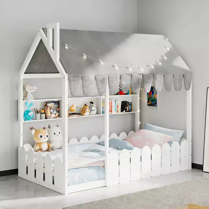 Lit au sol en forme de maison double Luxystar avec baldaquin éclairé, étagères de rangement et clôture