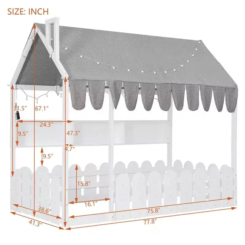 Lit au sol en forme de maison double Luxystar avec baldaquin éclairé, étagères de rangement et clôture