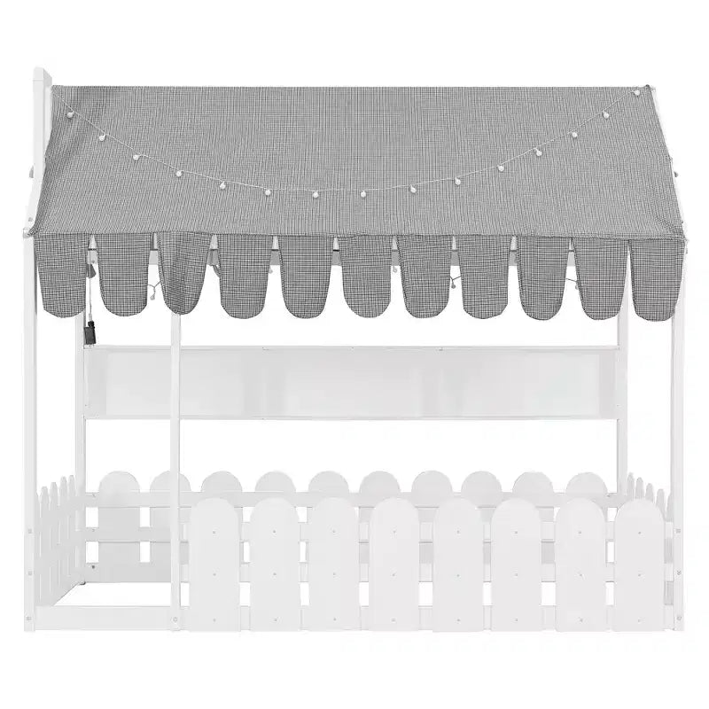 Lit au sol en forme de maison double Luxystar avec baldaquin éclairé, étagères de rangement et clôture
