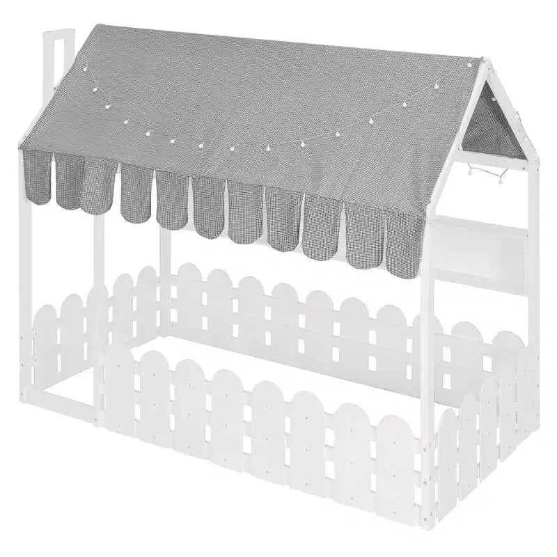 Lit au sol en forme de maison double Luxystar avec baldaquin éclairé, étagères de rangement et clôture