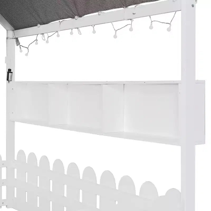 Lit au sol en forme de maison double Luxystar avec baldaquin éclairé, étagères de rangement et clôture
