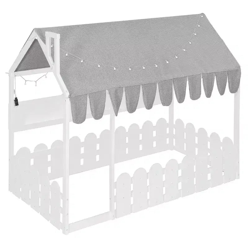 Lit au sol en forme de maison double Luxystar avec baldaquin éclairé, étagères de rangement et clôture